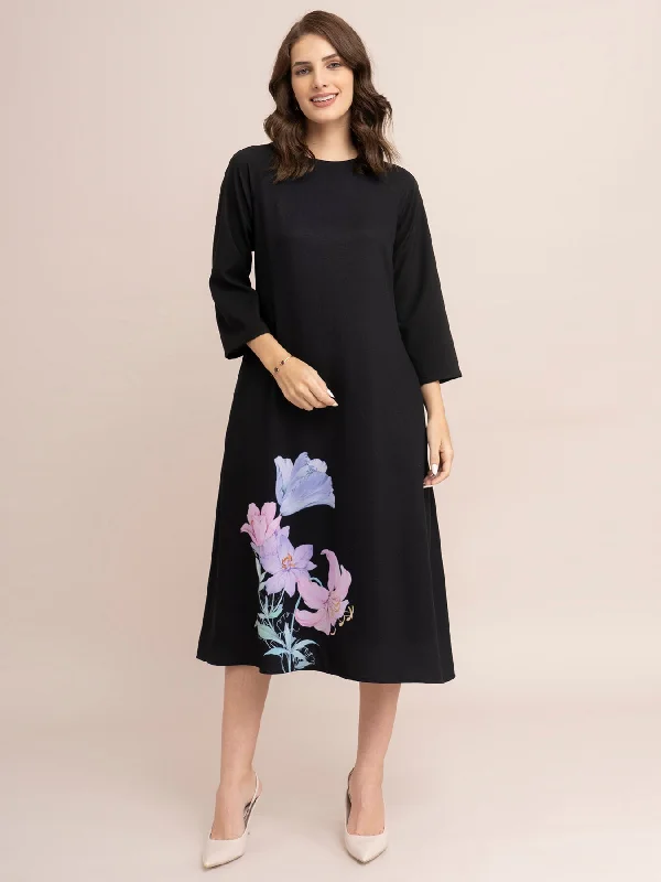 Unbeatable Prices Floral Print A-Line Dress - Black