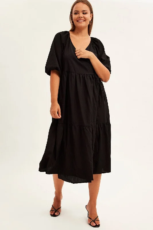 Comfort Meets Fashion Black Maxi Dress Wrap Short Sleeve