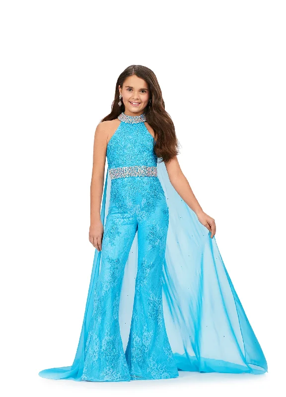 Festival Fashion Ashley Lauren Kids 8225 Size 8 Blue Girls Lace Crystal Jumpsuit Cape Bell Bottom Pageant Fun Fashion Wear