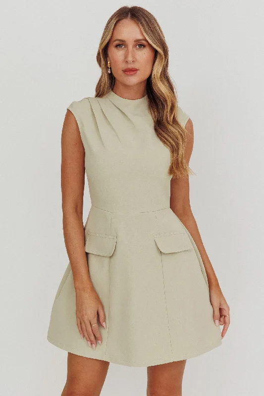 Trendy Street Style Attire Thandi Pleat Shoulder Faux Pocket Mini Dress Sage