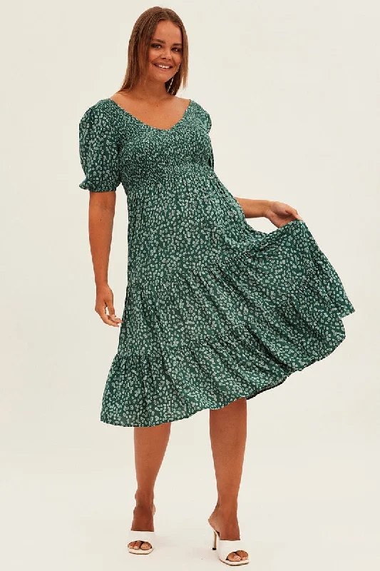 Sophisticated Style Green Ditsy Midi Dress Shirred Bodice V-neck