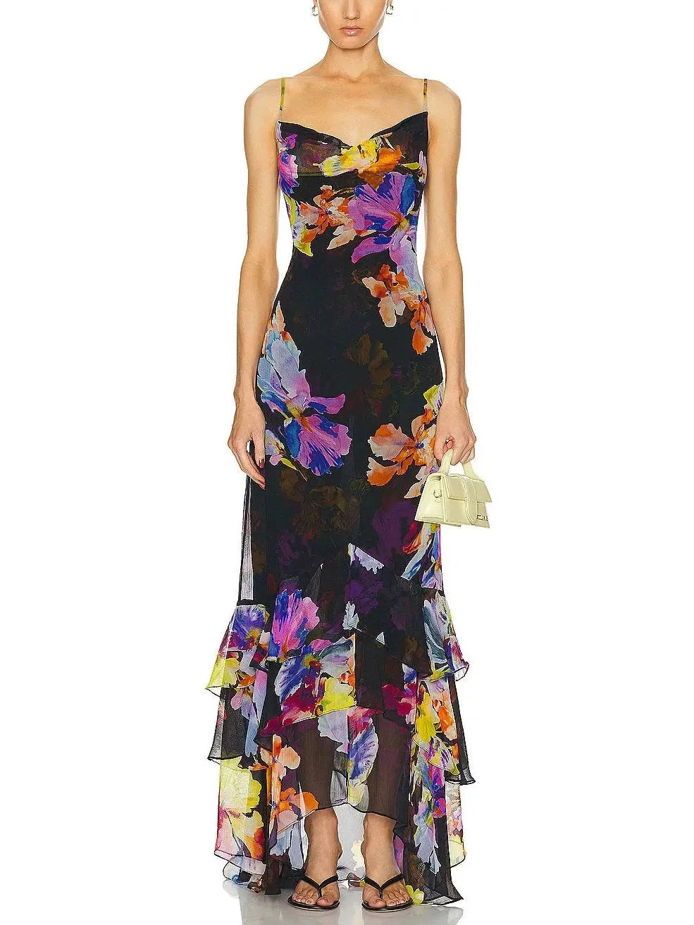 Versatile Style Wardrobe Floral Printed Chiffon Tiered Ruffled Maxi Dress