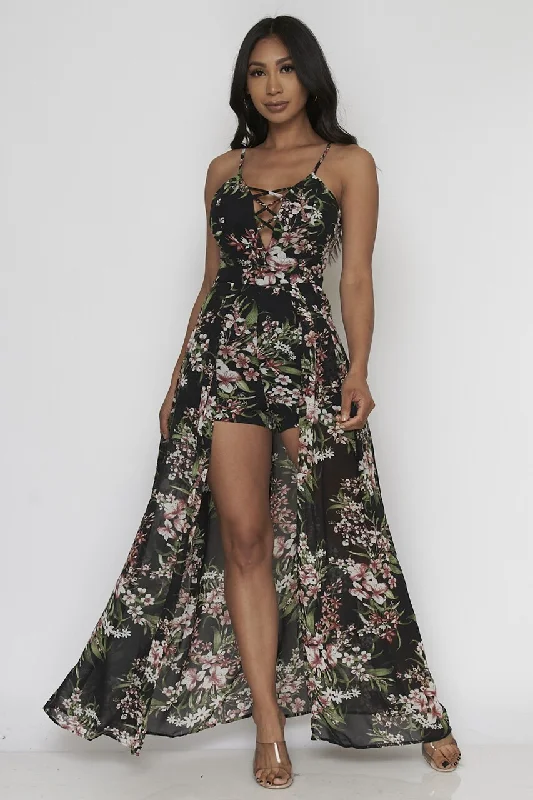 Style Revolution Black Floral Romper Maxi Dress