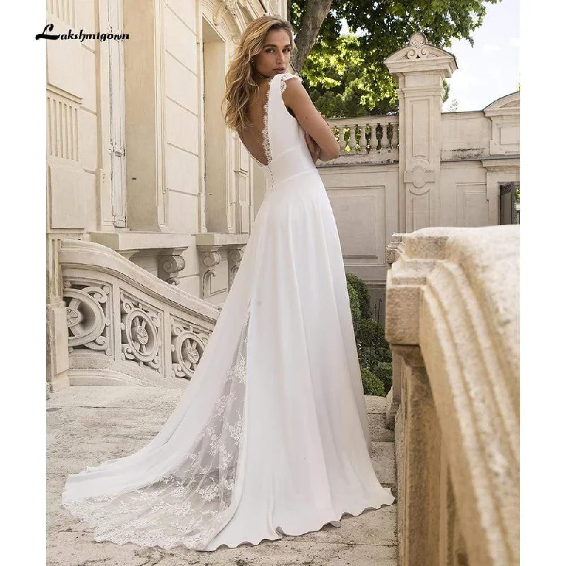 City Fashion Roycebridal Deep V Neck Lace Satin Backless Beach A Line Wedding Dresses