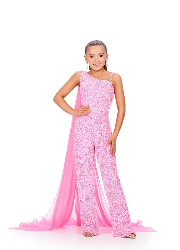 Preppy Style Ashley Lauren Kids 8191 Size 10 Candy Pink Girls Beaded Jumpsuit cape Sequin One Shoulder Pageant Wear