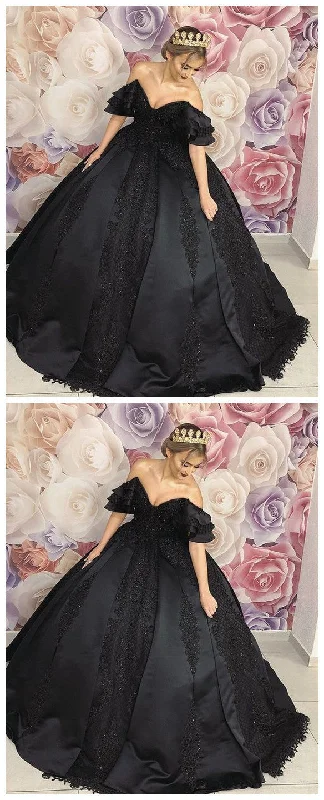 Limited Stock, Big Sale Black ball gown wedding dresses ruffles shoulder prom dress    cg11252