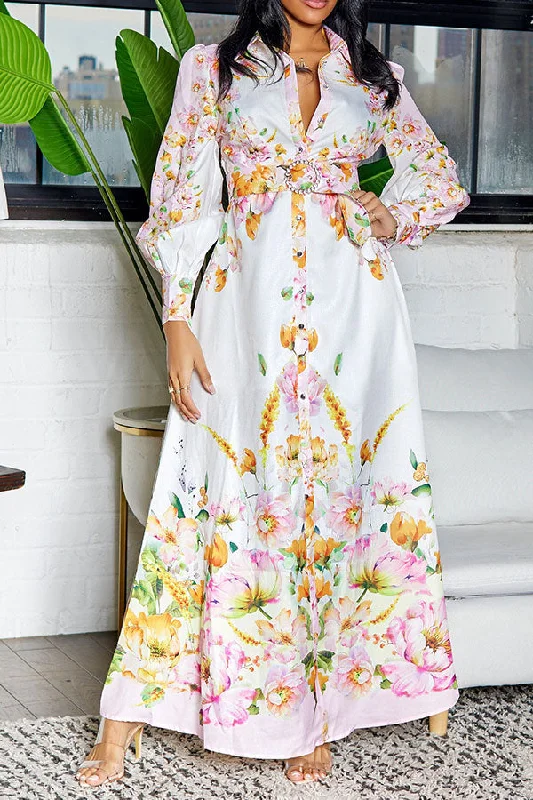 Seasonal Clearance Floral Print Retro Belted Side Split Midi Dress