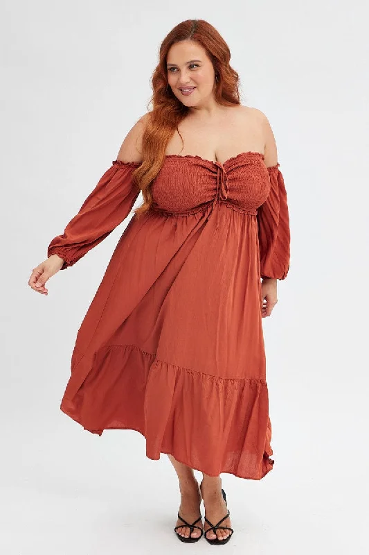 Style Revolution Rust Midi Dress Off Shoulder Shirred