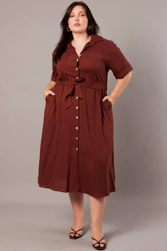 Fashion Forward Brown Midi Dress Puff Sleeve Belted With Pockets