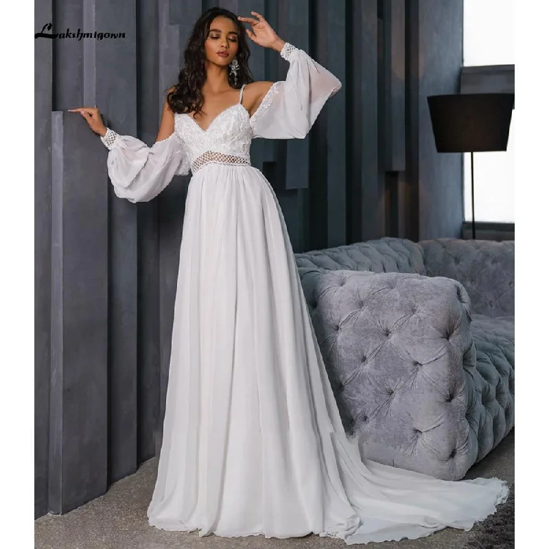 Versatile Style Wardrobe Roycebridal Chiffon Backless Spaghetti Straps lantern Sleeve Wedding Dresses