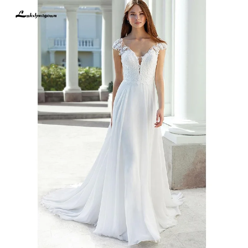 Quality Driven Apparel Roycebridal Deep V Neck Lace Backless Cap Sleeve Bridal Wedding Dresses