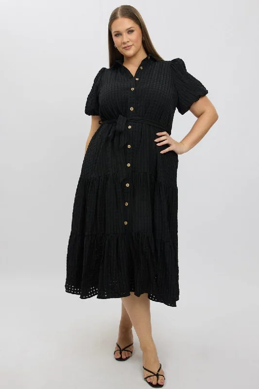 Season Offer Black Midi Dress Short Sleeve Tiered Shirt