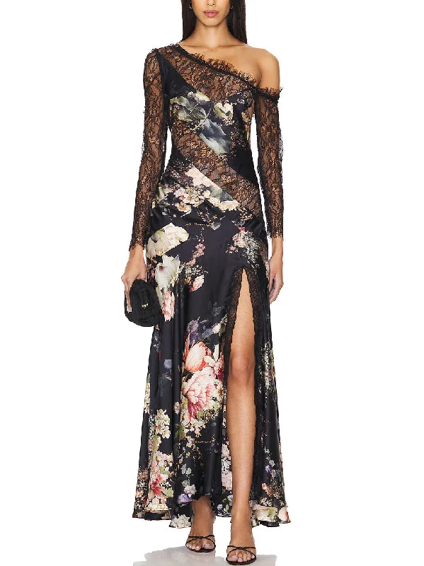 Style Beyond Borders Floral-Print Lace-Paneled One-Shoulder Maxi Dress