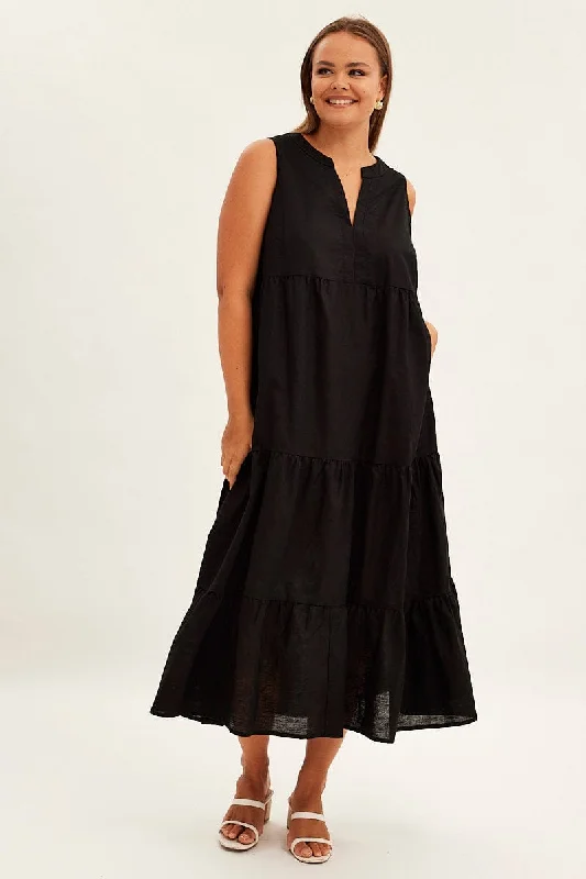 Mega Sale Black Maxi Dress Sleeveless Tiered Linen Blend