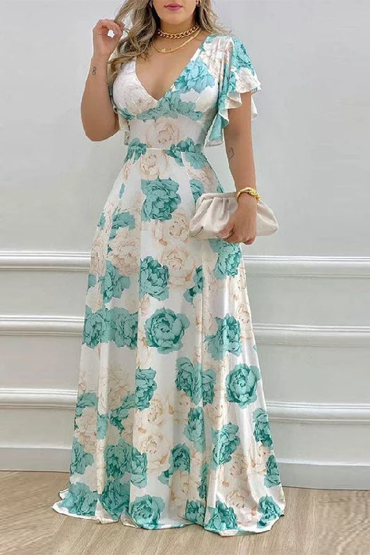 Sale Event, Prices Rock Floral Print Glamorous Ruffle Sleeve Maxi Dress