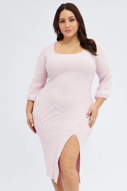 Athleisure Wear Promotion Pink Midi Dress Long Balloon Sleeve Sexy Split Knit