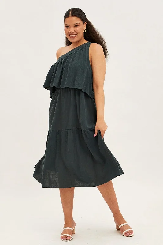 Trendy Clothing Sale Green Midi Dress One Shoulder Frill Linen Blend