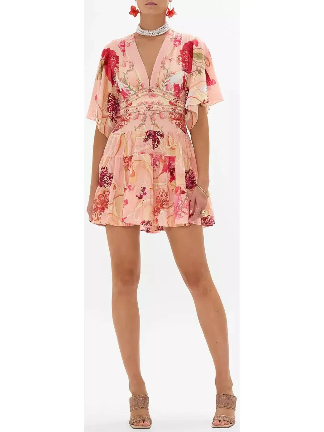 Exclusive Sale Blush Pink Floral-Printed Low-Cut Silk Mini Dress