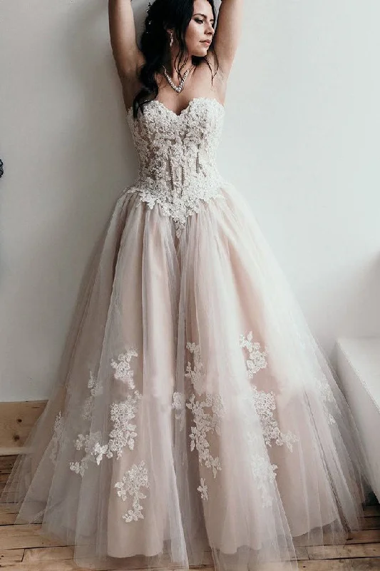 Business Casual Outfits Floor Length Sweetheart Tulle Wedding Dresses with Lace Appliques N1581