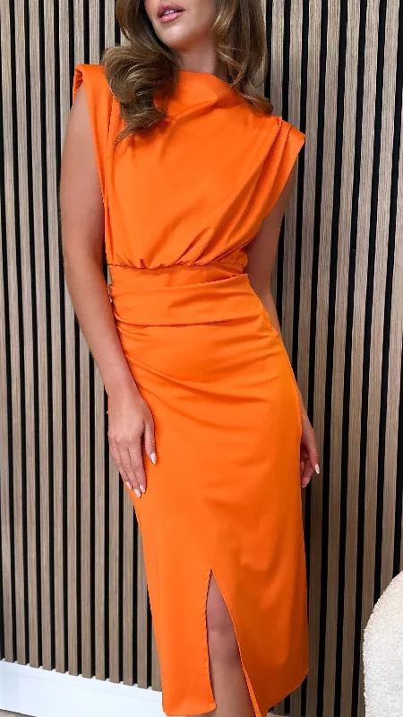 Elegant Simplicity Wardrobe Doreen Orange High Neck Wrap Style Midi Dress