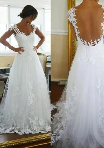 Forward Trendsetter A-Line Lace White Straps Wedding Dresses,See-through Sleeveless prom dress   cg8432