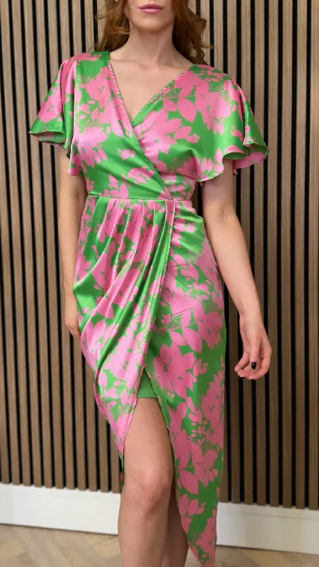 Chic Wardrobe Essentials Havana Pink & Green Wrap Over Maxi Dress