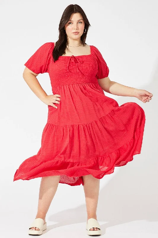 Trendy Pulse Red Midi Dress Short Sleeve Shirred