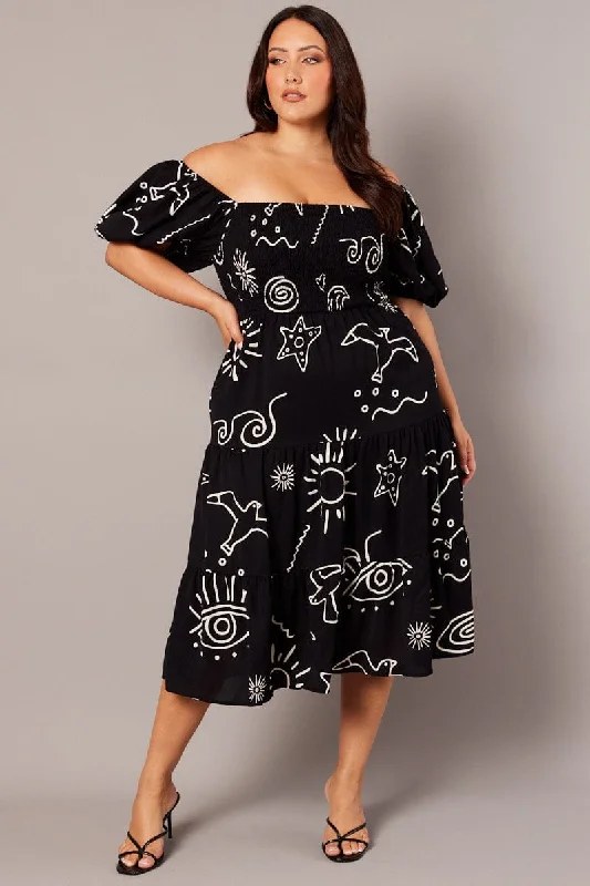 Budget-Friendly Fashion Black Abstract Midi Dress Short Sleeve Shirred