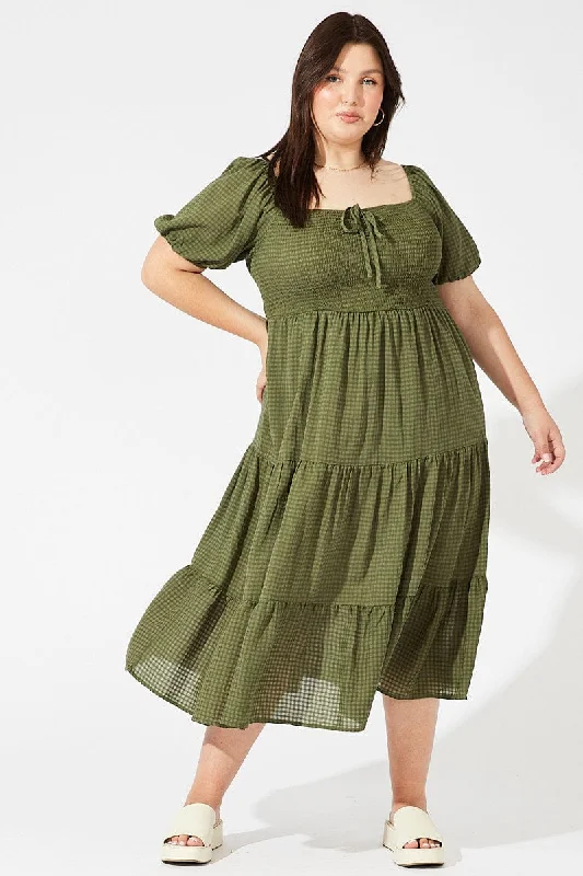 Chic Styles Green Midi Dress Short Sleeve Shirred