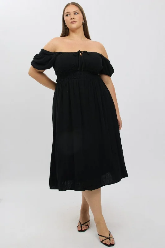 Shop Our Looks Black Midi Dress Short Sleeve Ruched Bust Linen Blend