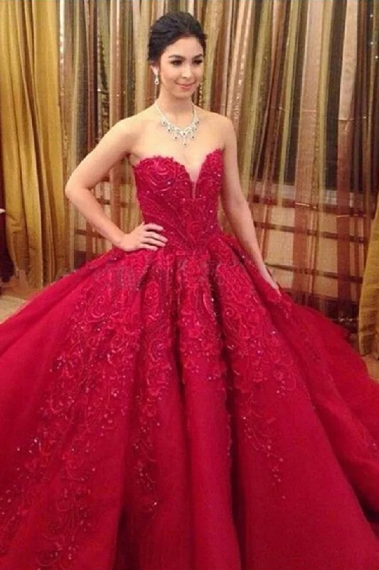 The Latest Fashion Trends Sweetheart Sleeveless Lace Appiques Puffy Red Quinceanera Dresses N2079