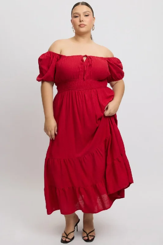 Fashion Sale Red Tiered Midi Dress Short Sleeve Ruched Bust