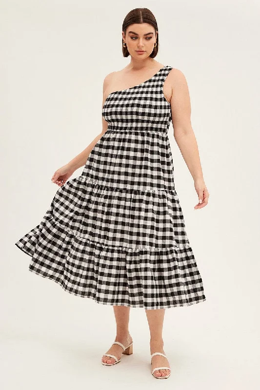 Premium Style Multi Check Midi Dress One Shoulder Shirred Gingham Check