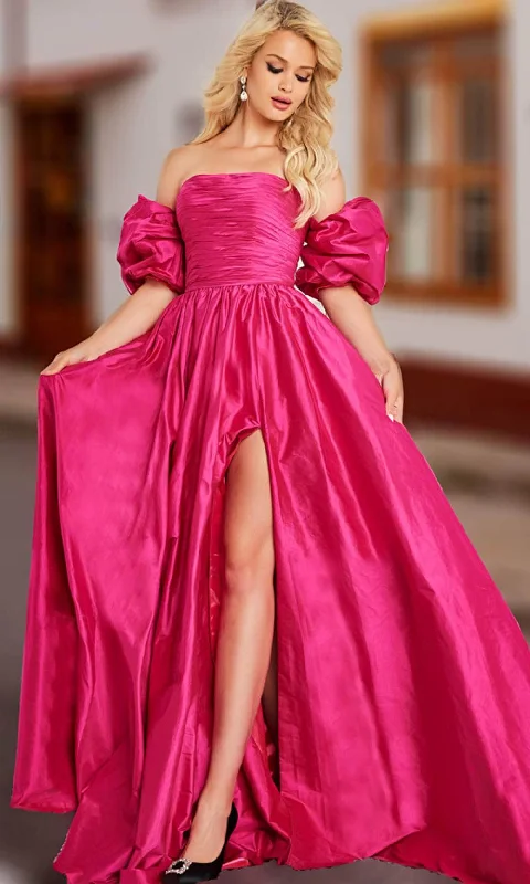 Chic Wardrobe Jovani 24099 - Taffeta Puff Sleeve A-line Gown