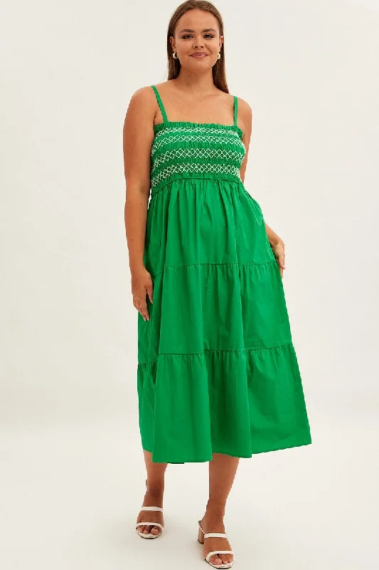 Fashionista Favorites Green Strap Tiered Maxi Dress Smocked