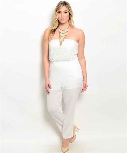 Effortless Chic Apparel Ivory Strapless Plus Size Jumpsuit with Lace Bodice