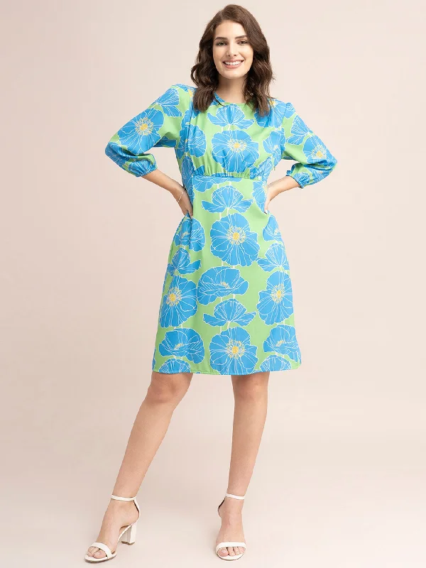 Outfits Ideas Floral Print Empire Line Dress - Blue And Green