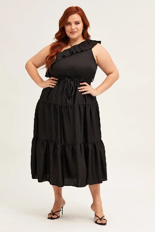 Effortless Chic Apparel Black Midi Dress One Frill Shoulder