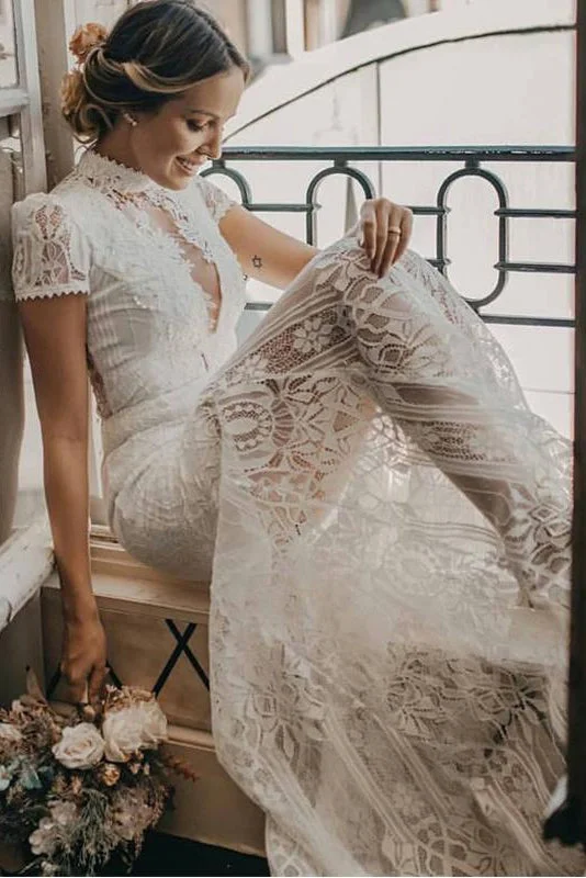 Fashion Sale Vintage High Neck Lace Wedding Dresses with Short Sleeves See Through Bridal Dresses N1786