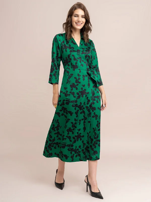 Current Trends Satin Floral Print Wrap Dress - Green And Black