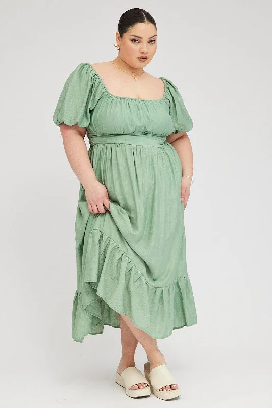 Free Spirited Fashion Green Midi Dress Tie Back Short Sleeve