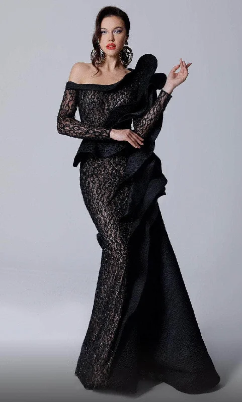 Women's Urban Fashion MNM Couture 2735 - Asymmetric Beaded Lace Evening Gown