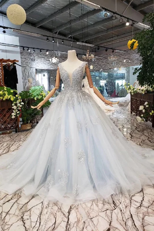 Latest Fashion Ball Gown Deep V Neck Sleeveless Tulle Wedding Dress with Beading Prom Dress N1671