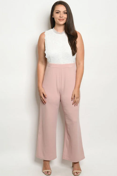 Break Fashion Norms Blush Pink and White Lace Plus Size Jumpsuit