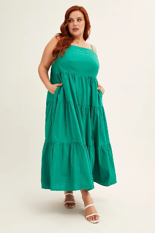 Boutique Styles Green Sleeveless Cotton Maxi Dress With Pockets