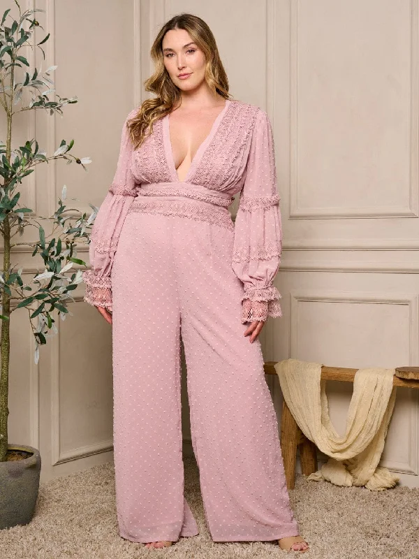 Catch Every Fashion Trend Plus Size Mauve Pink Lace Accent Jumpsuit