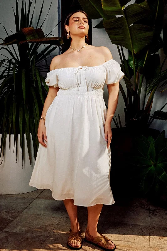 Exclusive Discount White Midi Dress Short Sleeve Ruched Bust