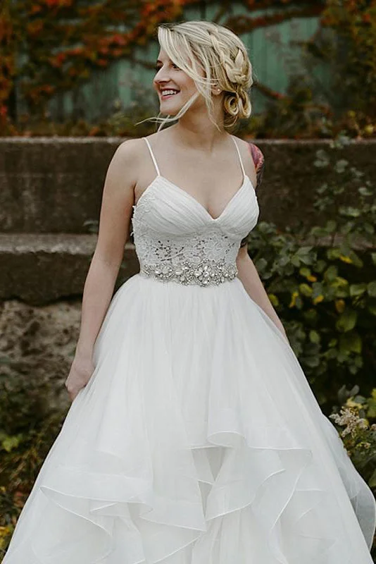 Limited Time Offer Charming Lace Ruffles Tulle Puffy Spaghetti Strap Wedding Dresses Beach Wedding Dresses N1773