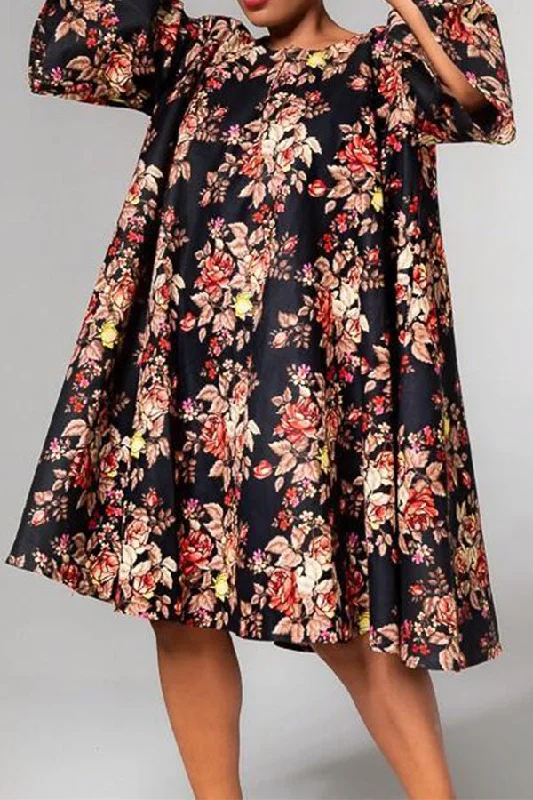 Everyday Basics Floral Print On-trend Swing Midi Dress