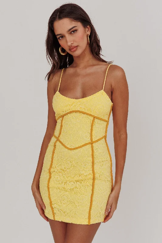 Online Impressions Boutique Shenae Piping Trim Mini Dress Lace Yellow